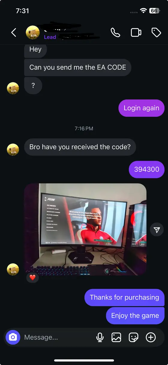 Instagram chat — EA FC 26 running on a customer's PC, “Thanks for purchasing”