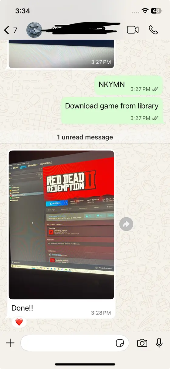 WhatsApp chat — Red Dead Redemption 2 in the Steam library, “Done!!”