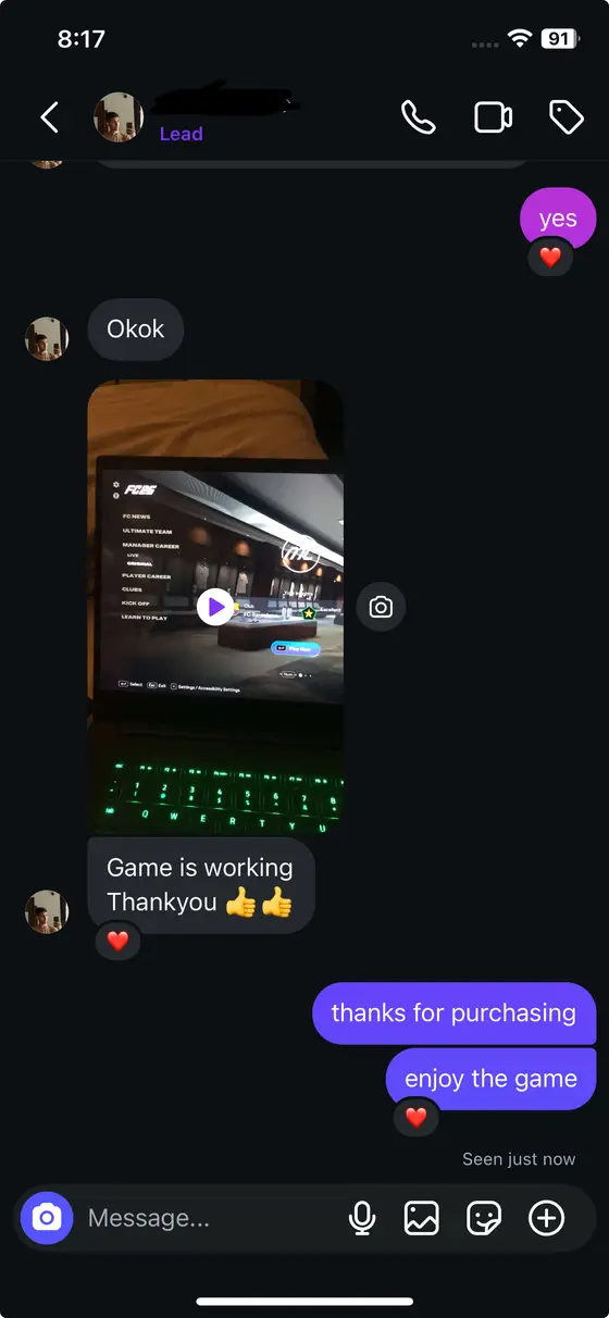 Instagram chat — EA FC running, “Game is working. Thankyou” with thumbs up