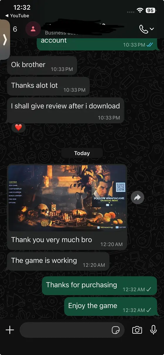 WhatsApp chat — Mafia: The Old Country running, “Thank you very much bro. The game is working”