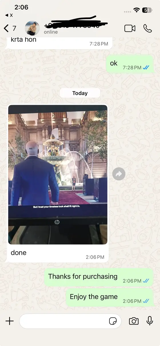 WhatsApp chat — Hitman running, “done”