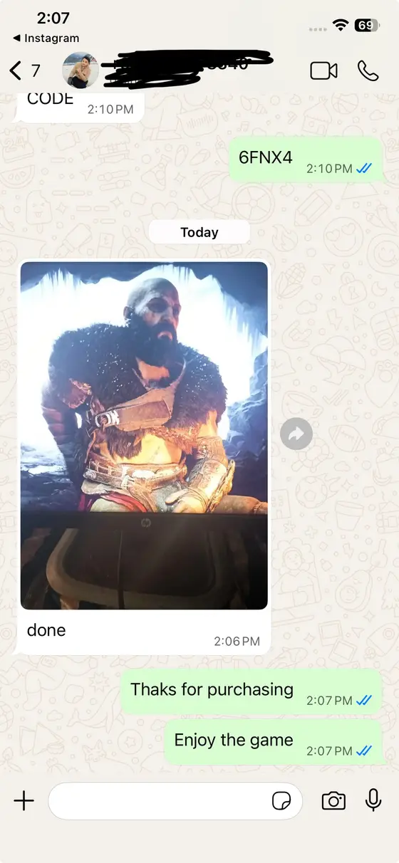 WhatsApp chat — God of War Ragnarök running, “done”