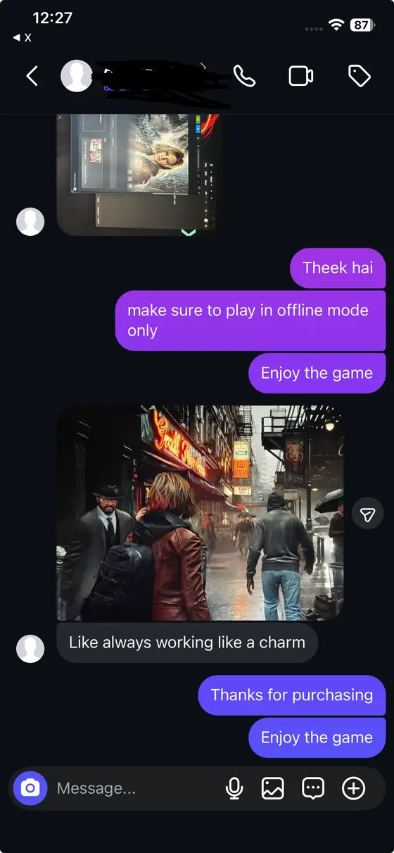 Chat — game delivered and offline mode set up, “Like always working like a charm”