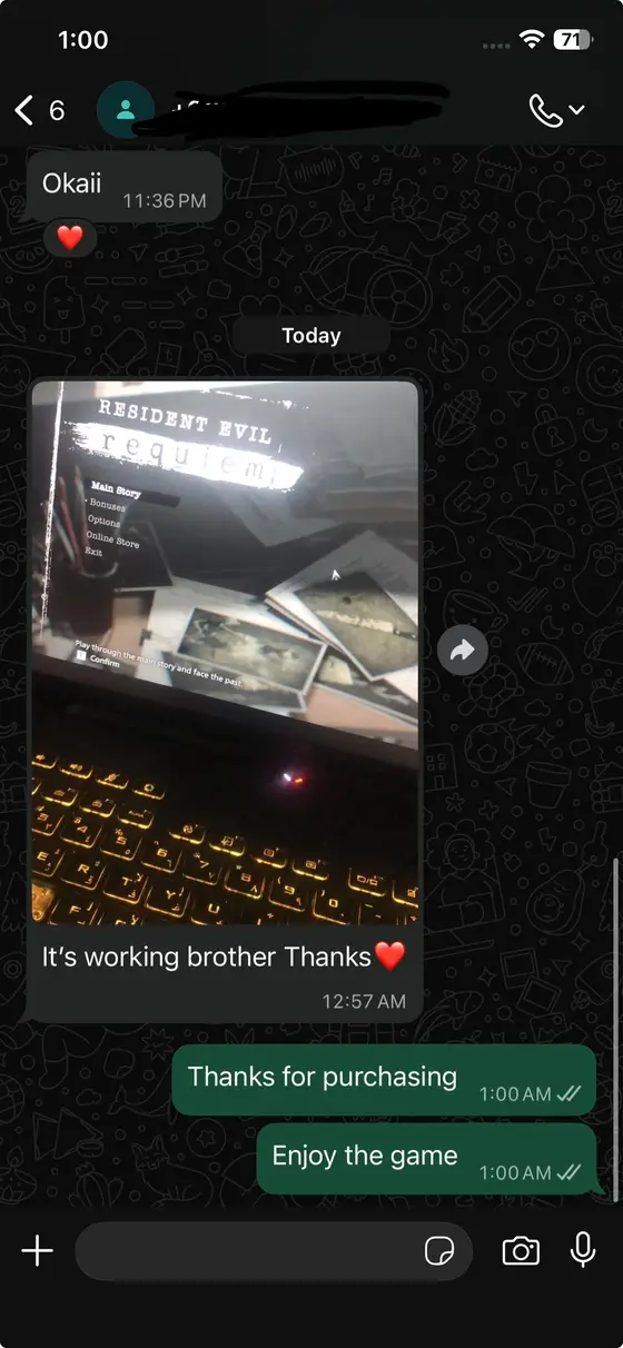 Chat — Resident Evil Requiem running, “It's working brother Thanks”