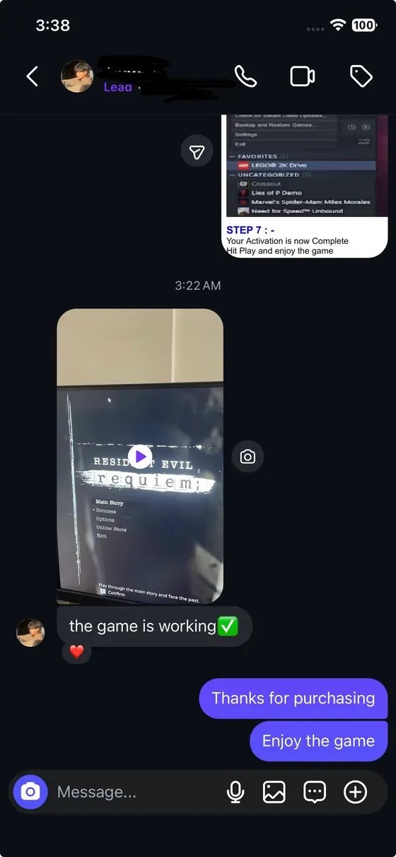Instagram chat — Resident Evil Requiem running after the activation steps, “the game is working” with a green check
