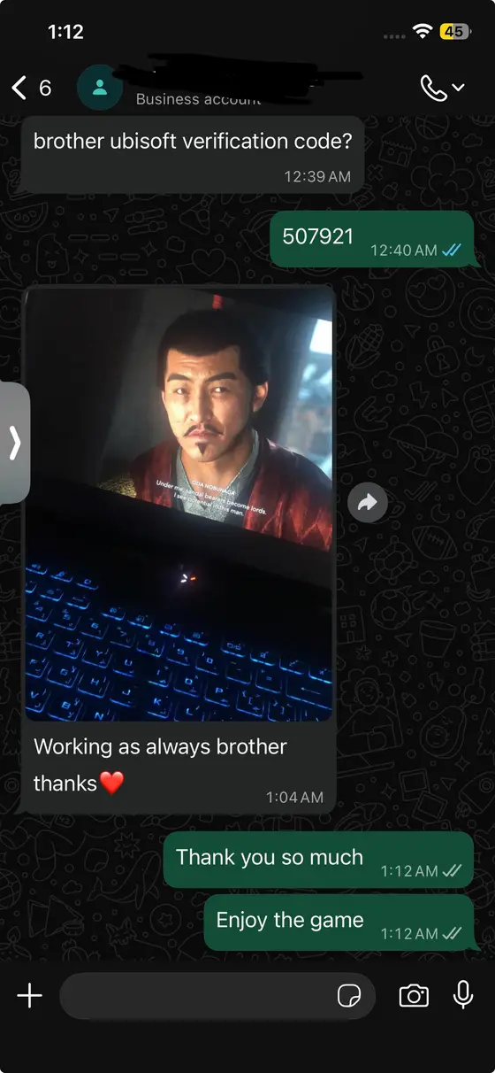 WhatsApp chat — Assassin's Creed Shadows running, “Working as always brother thanks”