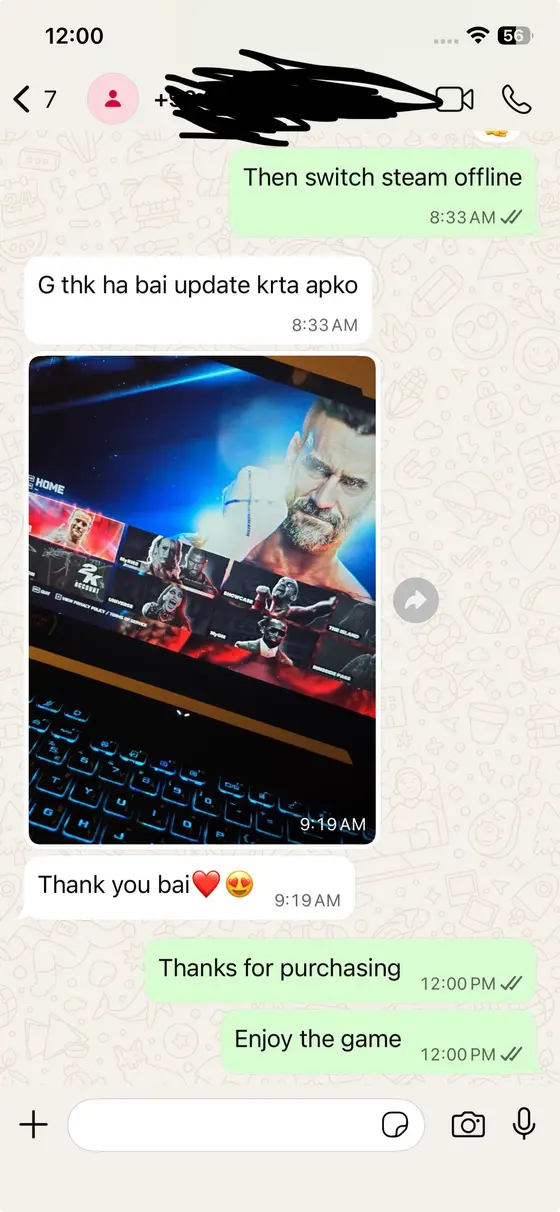 WhatsApp chat — WWE 2K25 home screen, “Thank you bai” with heart emojis