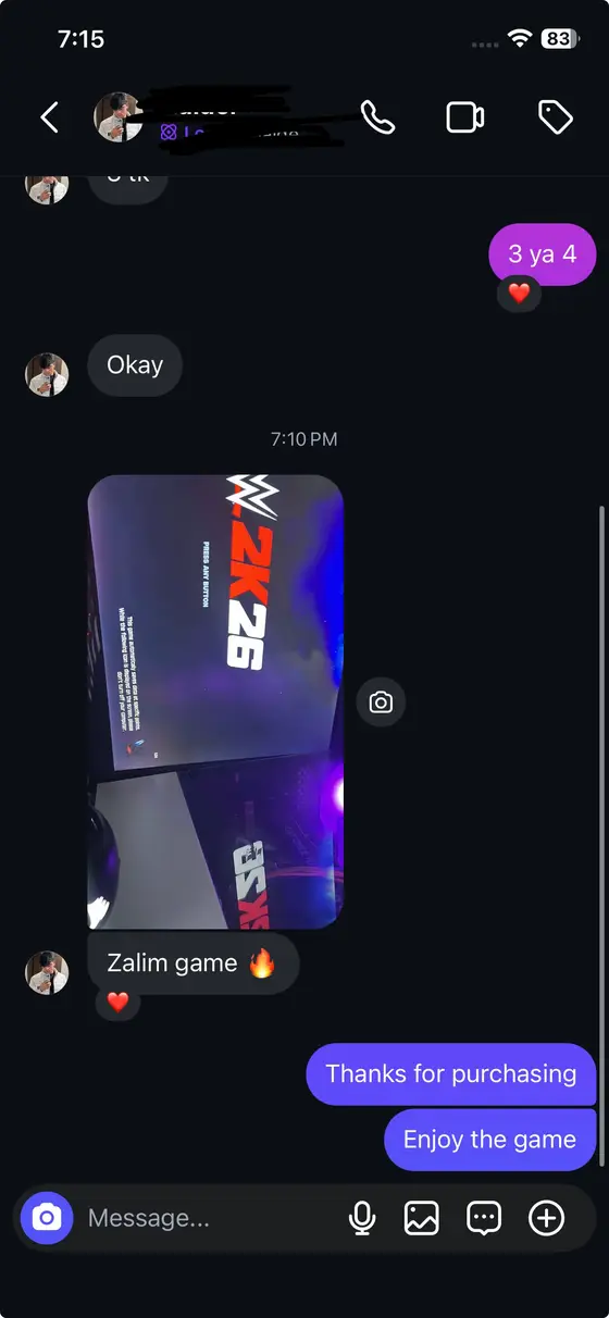 Instagram chat — WWE 2K26 title screen, “Zalim game” with a fire emoji