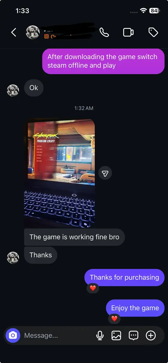 Instagram chat — Cyberpunk 2077: Phantom Liberty running, “The game is working fine bro”