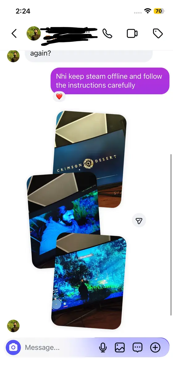 Instagram chat — Crimson Desert title screen after activation