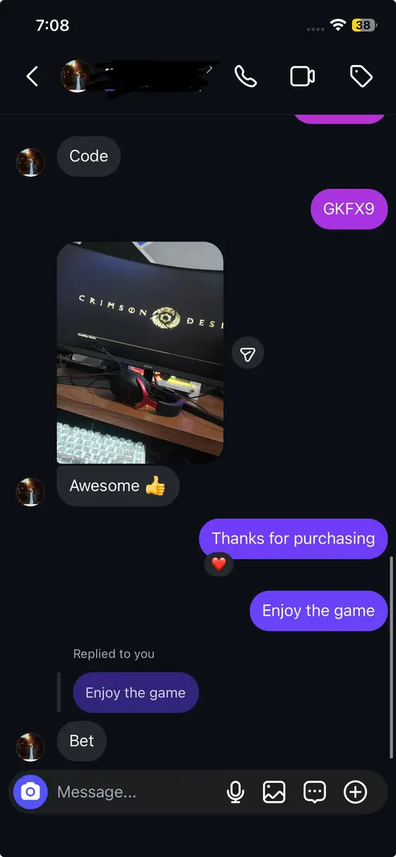 Instagram chat — Crimson Desert loading, “Awesome” with a thumbs up