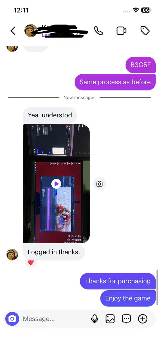 Instagram chat — Crimson Desert installing, “Logged in thanks.”