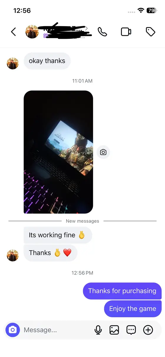 Instagram chat — Black Myth: Wukong running, “Its working fine”