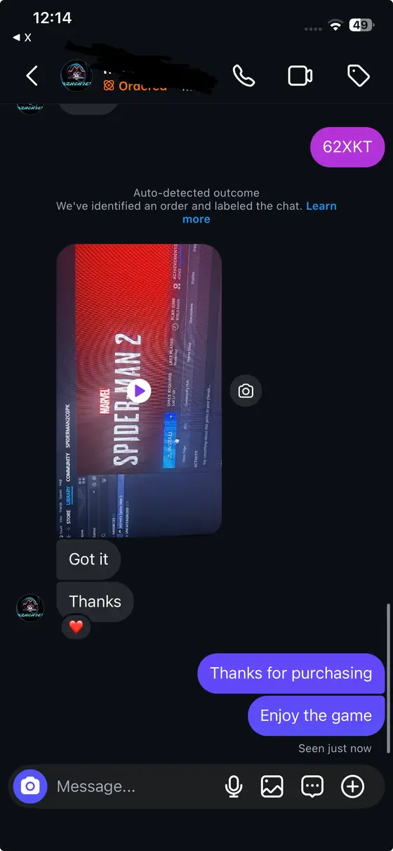 Instagram chat — Marvel's Spider-Man 2 in the Steam library, “Got it. Thanks”