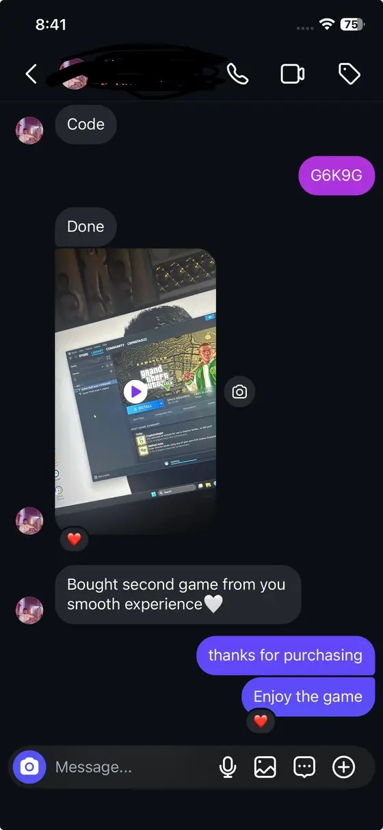 Instagram chat — GTA V Enhanced installed, “Bought second game from you, smooth experience”