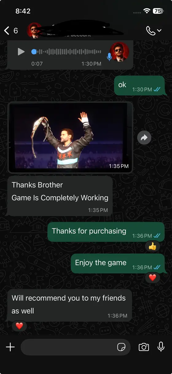 WhatsApp chat — WWE 2K24 running, “Game Is Completely Working … Will recommend you to my friends as well”