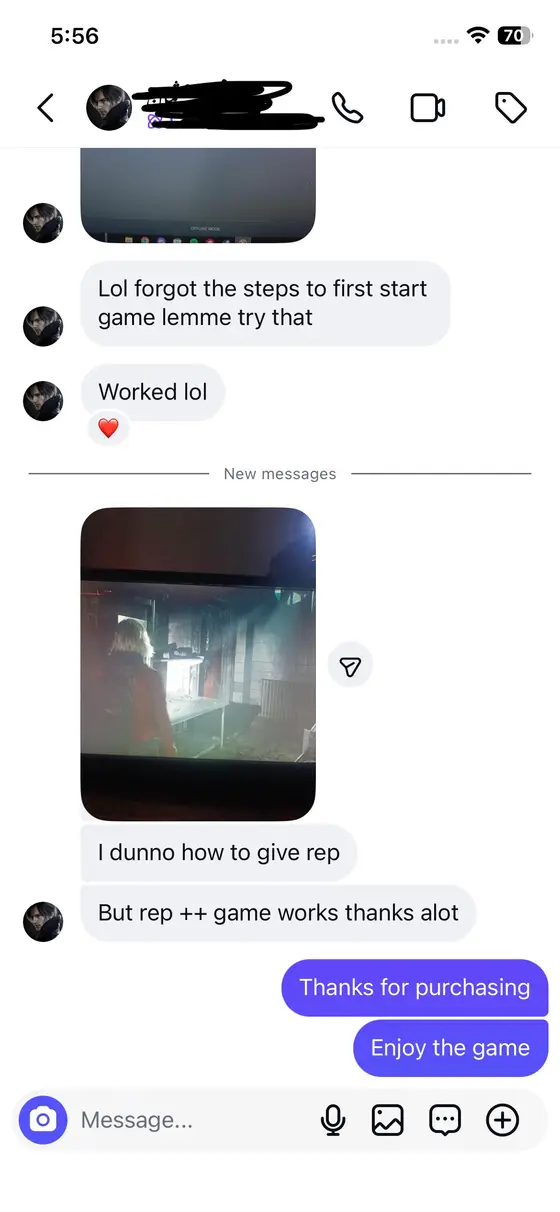Instagram chat — “Worked lol … rep ++ game works thanks alot”