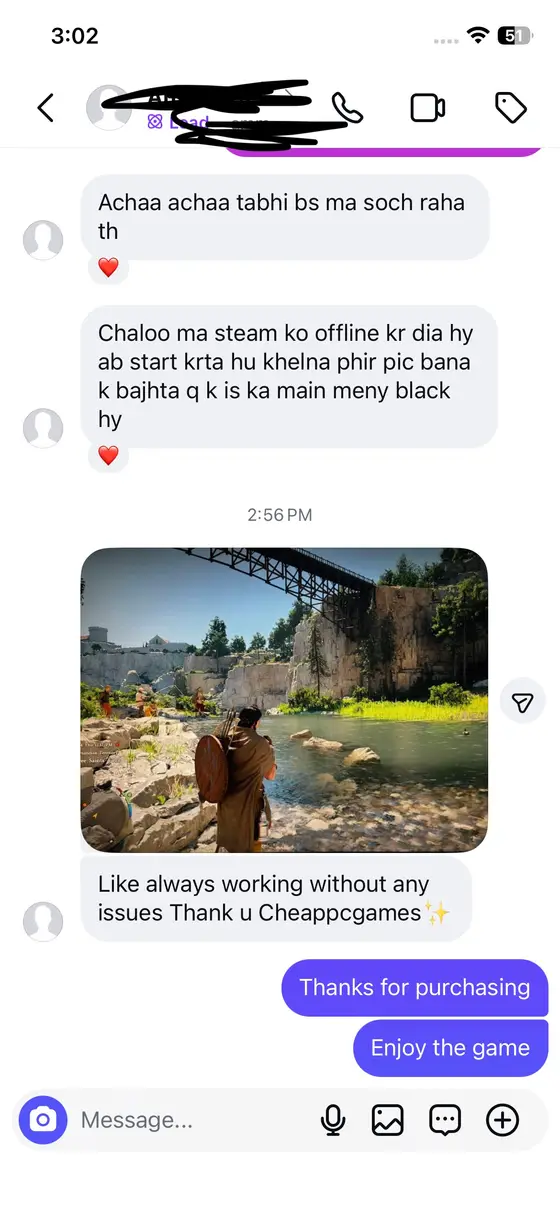 Instagram chat — “Like always working without any issues. Thank u Cheappcgames”