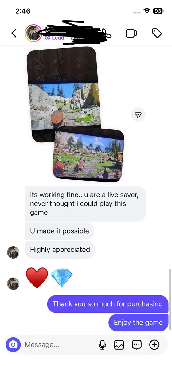 Instagram chat — Kingdom Come: Deliverance II running, “Its working fine… u are a live saver… Highly appreciated”