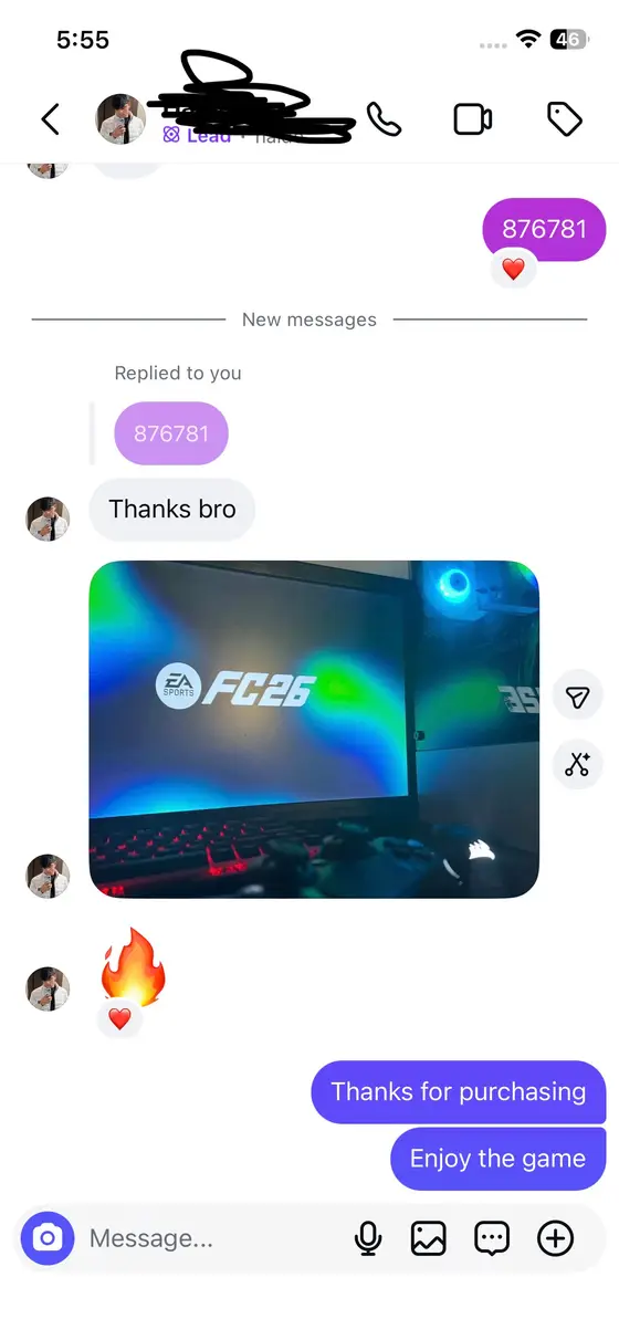 Instagram chat — EA FC 26 title screen, “Thanks bro” with a fire reaction