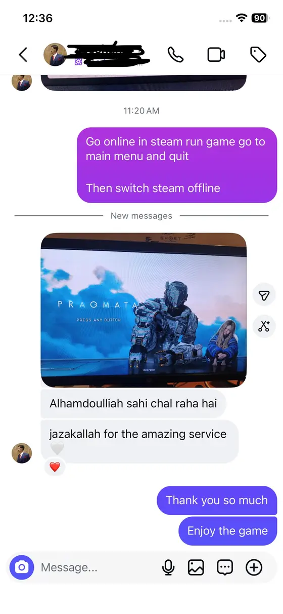 WhatsApp chat — Pragmata running, “jazakallah for the amazing service”