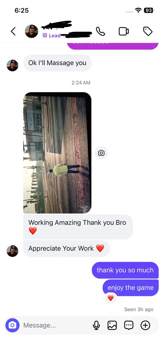 Instagram chat — GTA V gameplay, “Working Amazing Thank you Bro. Appreciate Your Work”