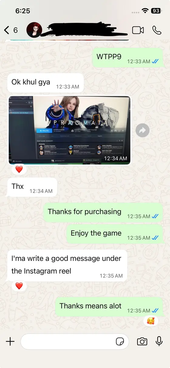 WhatsApp chat — Pragmata downloading, “I'ma write a good message under the Instagram reel”