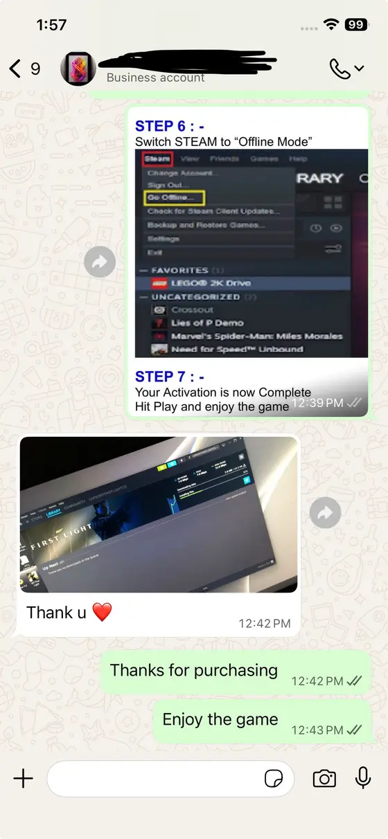 WhatsApp chat — 007 First Light downloading after the activation steps, “Thank u” with a heart