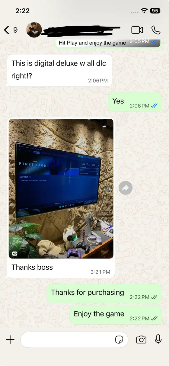 WhatsApp chat — 007 First Light with all DLC, “Thanks boss”