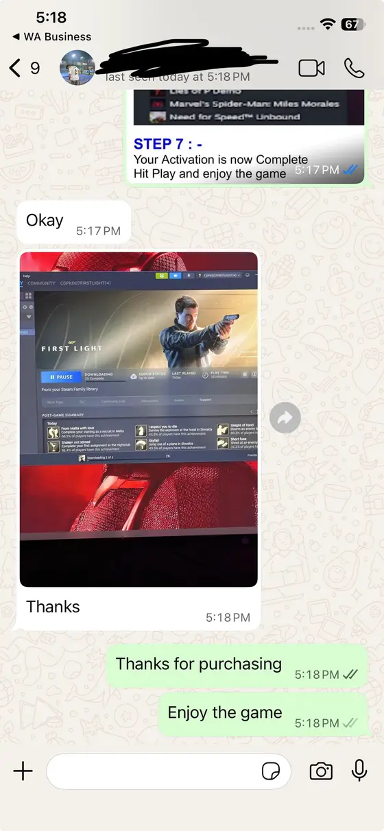 WhatsApp chat — 007 First Light downloading, “Thanks”