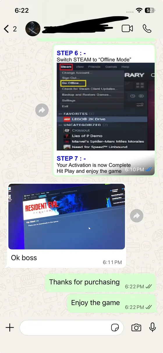 WhatsApp chat — Resident Evil Requiem downloading, “Ok boss”