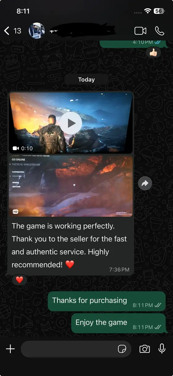 WhatsApp chat — “The game is working perfectly. Thank you to the seller for the fast and authentic service. Highly recommended!”