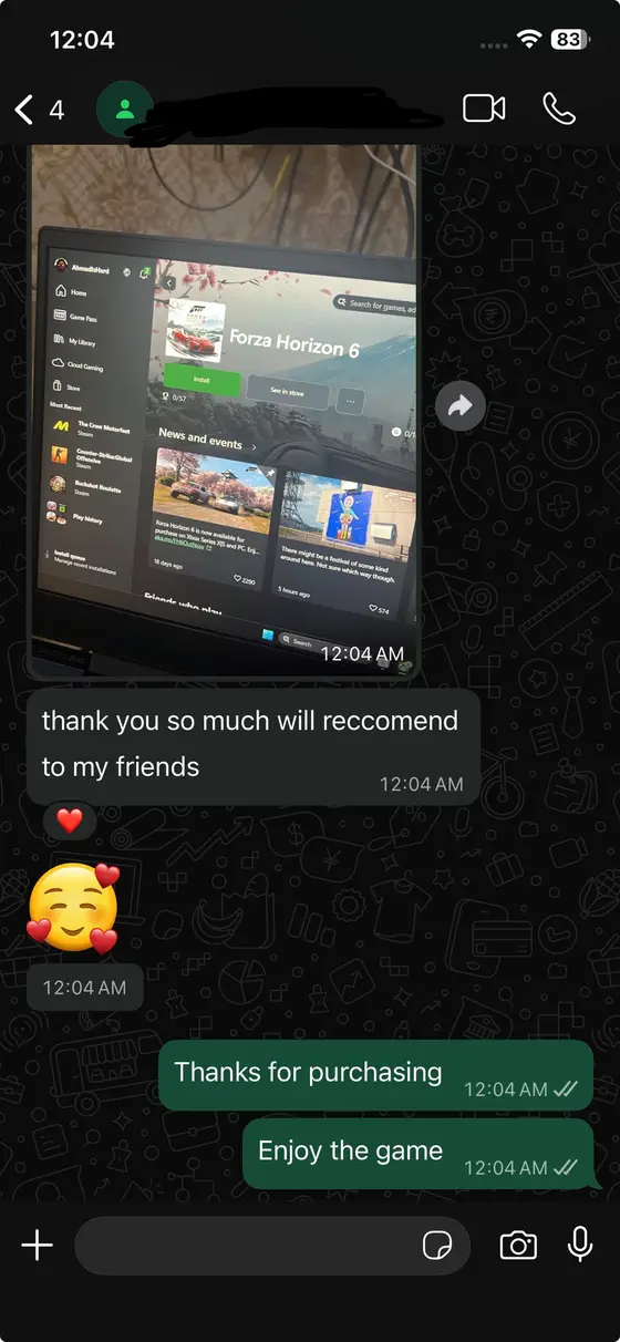 WhatsApp chat — Forza Horizon 6 on Game Pass, “thank you so much, will reccomend to my friends”