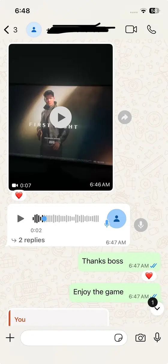 WhatsApp chat — 007 First Light preloading, “Thanks boss”